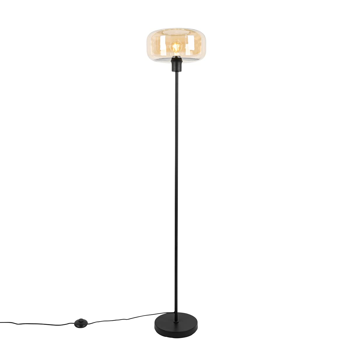 Qazqa Art Deco Stehlampe - Schwarz mit braunem Glas – Art Deco Stehlampe, mit braunem Glas
