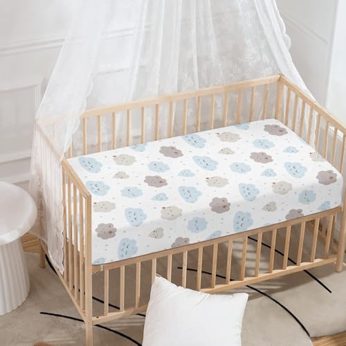 Image of Clouds Baby Crib Sheets for Boys Girls Cute Fitted Crib Sheet for Standard Crib and Toddler Mattress Smile Cloud Baby Mattress Sheets Toddler Bed Sheet 52x28x8 in