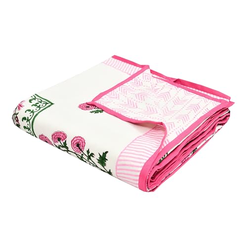 Image of BLOCKS OF INDIA Hand Block Printed Cotton Single Size Reversible Malmal Dohar for Summer (Pink Green BUTI)