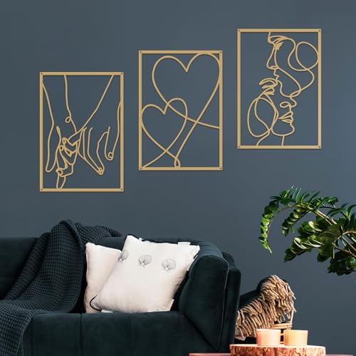 3 Pieces Metal Minimalist Line Wall Art, Valentine's Day Lover Kiss Hand Metal Wall Decor, Aesthetic Modern Home Hanging Wall Art Decor for Bedroom Bathroom Living Room (Gold) - Image 3