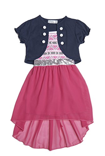 Image of ToBeInStyle Girls Two Piece Short Sleeve Dress and Matching Bolero Crop Cardigan Assorted Prints Cotton Blend Summer Outfit