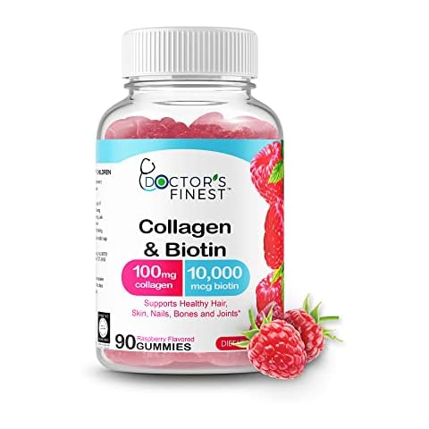 DOCTORS FINEST Collagen and Biotin 10000mcg Gummies, Vegan, GMO-Free, Gluten Free, Natural Raspberry Flavor Gummy Vitamins, for Hair Growth, Hair Skin and Nails Dietary Supplement, 90 Gummies Cover