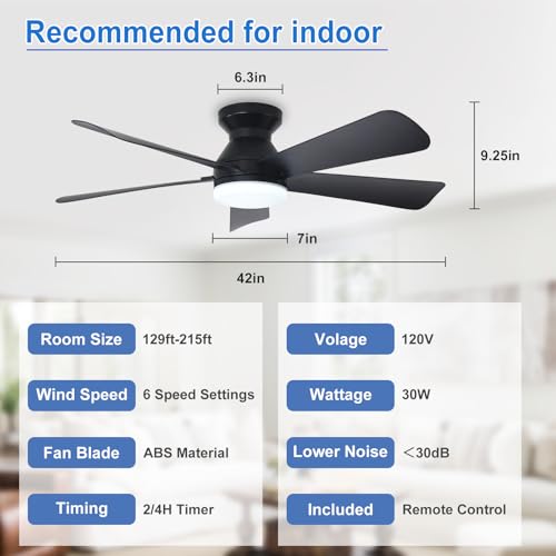 Image of Depuley 42-Inch Ceiling Fans with Lights: Flush Mount Ceiling Fan with Remote Control Indoor /Outdoor- Black 5 Blade Low Profile Fandelier for Kitchen Gazebo - Reversible Quiet Timer - 2 Packs