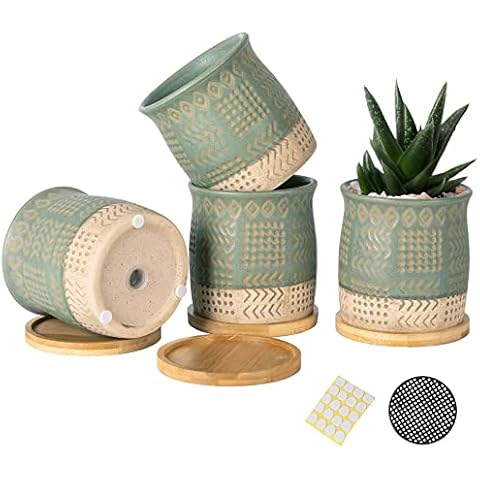 4 Inch Ceramic Plant Pot with Bamboo Tray, Retro Green Small Planters Pots with Drainage Hole & Mesh Pads for Succulent, Indoor Flowers, Snake Plants, Cactus, Herbs, Aloes - 4 Packs Cover