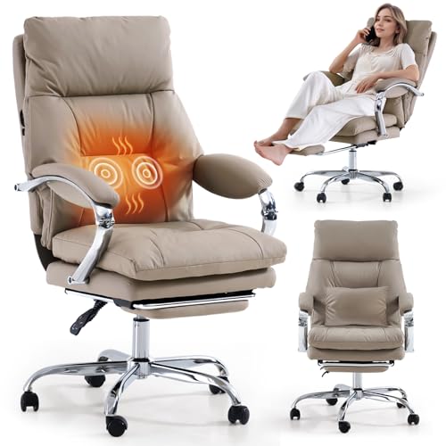 EMIAH Chaise Bureau avec Repose-Pieds, Fauteuil de Bureau Confortable avec Accoudoirs, Ergonomique Fauteuil Direction Cuir PU Inclinable Chauffage Massage,...