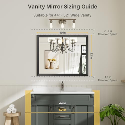 Image of Briivue 40x32 Inch Black Bathroom Mirror for Wall, Thick Metal Framed Rectangle Mirrors for Over Sink, Bedroom, Living Room, Entryway, Anti-Rust, HD Tempered Glass
