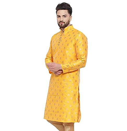 Mens Kurta Set Festive Season Men's Tunic Art Cotton Kurta Pajama Wedding Party Suit Dress Festivals Season Ethnic Party Dress Suit 2-Piece Set By WAKAR MANSURI SHOP (Yellow, 5XL - 60 x 66 Inches)4