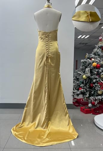Clothfun Halter Satin Bridesmaid Dresses Long Mermaid Prom Dress for Women Formal Party Evening Gown with Slit2