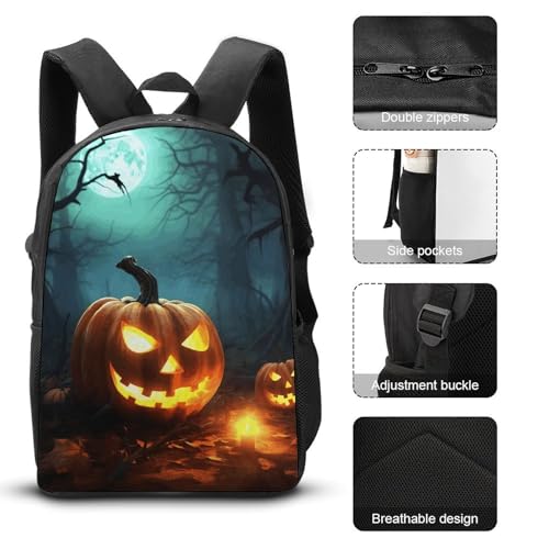 3 Piece Backpack for Women Men Lightweight Causal Daypack Shoulder Bag Set with Insulated Lunch Bag And Pencil Case Organizers Happy Halloween Pumpkins3