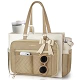 Teacher Tote Bag for Women - Multi-Pocket Laptop & Nurse Work Bag with Cup Holder, Structured Business Briefcase Computer Purse（Khaki）