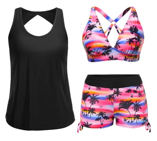 Image of Yonique 3 Piece Tankini Swimsuits for Women Swim Tank Top Bathing Suits with Boy Shorts and Bra Athletic Swimwear