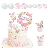 31 PCS Butterfly Happy Birthday Cake Toppers with Bubble Balls Decor for Birthday Wedding Party Kids...