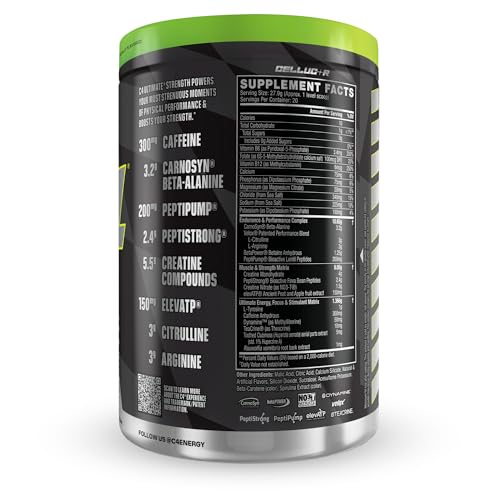 Image of Cellucor C4 Ultimate Strength Pre Workout Powder - Tri-Stim Experience 300mg Caffeine+TeaCrine+Dynamine - Creatine & Beta-Alanine - Energy Supplement for Men & Women - Sour Green Apple, 20 Servings