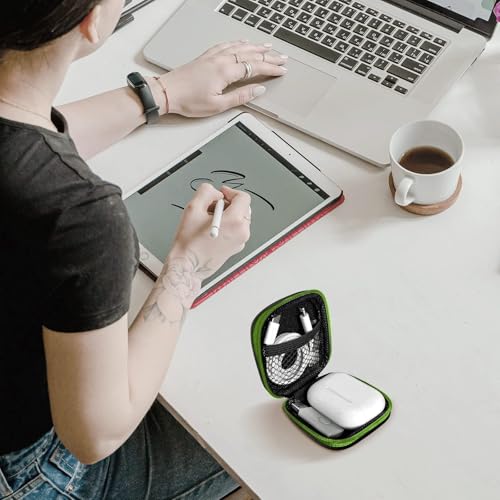 Image of Square Earbud Case Portable EVA Carrying Case Storage Bag Cell Phone Accessories Organizer with Carabiner for Earphone, Earbud, Earpieces, SD Memory Card, Camera Chips, Tech Pouch, Green