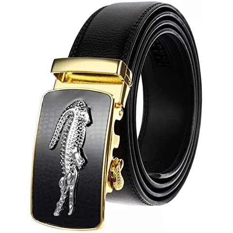QHA Mens Ratchet Leather Belt Automatic Buckle 35mm Wide Trim to Fit Q99 Black 40"-44" Cover
