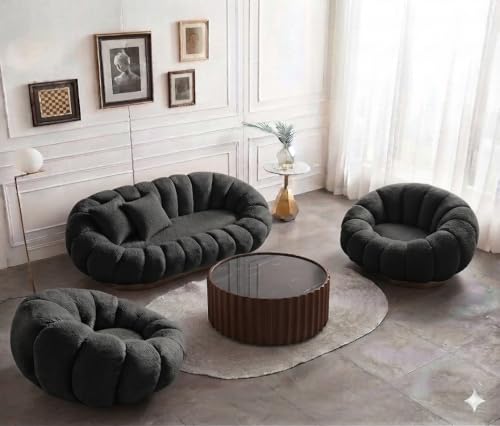 Image of CRAFTCITY Pumpkin Style Wooden Sofa | Contemporary Wool Sofa for Living Room (Grey, 5 Seater)