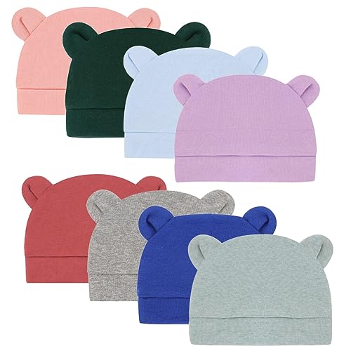 8 Pack Newborn Baby Hat with Ears, Unisex Baby Beanie Hat for Baby Girls Boys 0-6 Months3