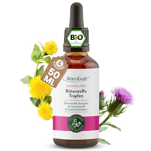 BitterKraft! Original BIO Bitterstoffe Tropfen alkoholfrei - 50 ml Pipette – Hildegard von Bingen – 9 erlesene Bitterkräuter - Verdauungsfördernd – hochdosiert- 100% Natur – Vegan – Made in Germany