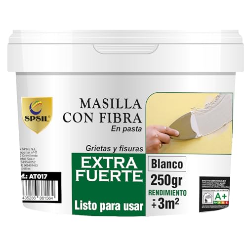 SPSIL Masilla Reparadora con Fibra de Vidrio - Para Grietas, Juntas y Abolladuras - Uso Interior/Exterior - Compatible con Yeso, Madera y Metal - Secado en 2h (Blanco) (250 gr)