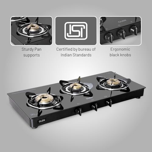 Glen Gas Stove 3 Burner Toughened Glass Top | LPG Gas Stoves Extra Large | High Flame Brass Burners Gas Stove Black | Manual Ignition ISI Certified... - Image 7