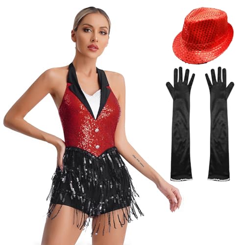 Sinleey kvinnor jazz dansklänning glitter hatt modern jazz dans kostym baddräkt latin klänning fransar outfit 20-talet, röd, L