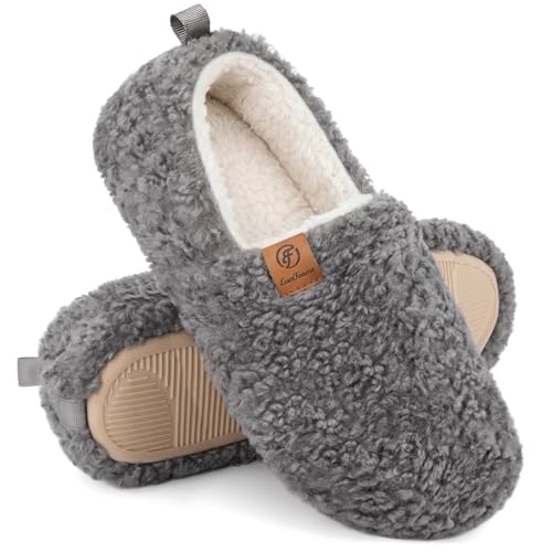 EverFoams Women’s Soft Curly Full Slippers Memory Foam Lightweight House Shoes Cozy Loafer with Polar Fleece Lining Grey,7-8 US
