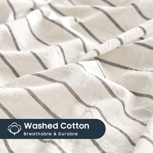 Image of Wake In Cloud - Striped Cotton Duvet Cover Set, Ticking Stripe Vertical Pinstripe Farmhouse, 100% Washed Cotton Textured Bedding Set, 3 Pieces, White, King Size