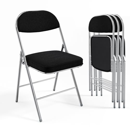 VINGLI Folding Chairs with Padded Seat & Backrest, Metal Frame, Durable Corduroy Fabric, 350 lbs Capacity, Set of 4, Black – Ideal for Weddings, Parties, Office Events