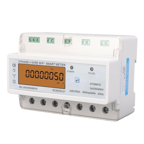 Fafeicy Misuratore di Potenza WiFi Trifase, Contatore di Energia Intelligente Montato su Guida DIN con Schermo Retroilluminato, Corrente Nominale 100 A per Monitoraggio Remoto Tramite App
