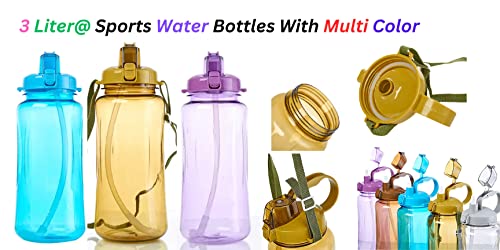 Image of Breewell 3 L Sports Plastic Water Bottle Container BPA Free Travel Mugs with Scale,Straw,Strap for Kids Adult Summer Outdoor Sports | Multi Color (Pack of 1)