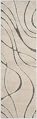 Image of Geometric Wave Shaggy Carpet for Living Room, Bedroom, High Low Design Finish Microfiber 1.8 Inch Pile High, 2x8 Feet Runner Ivory|Grey Color
