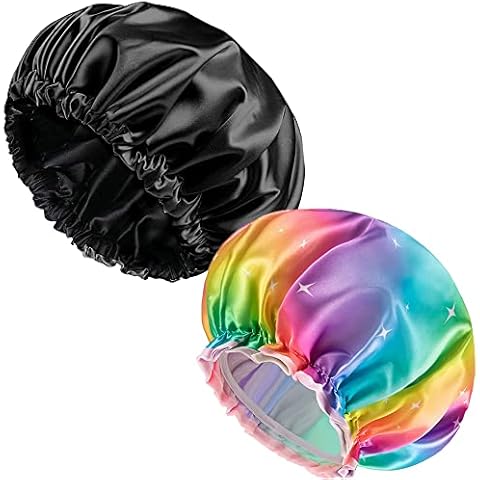Waterproof Reusable Shower Caps for Women Long Hair, Double Layer Curly Hair Protection Sleeping Head Cover for Night Sleep (Rainbow+Black) Cover