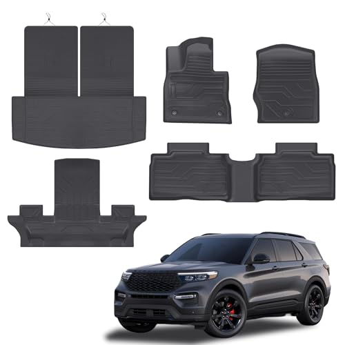 Image of KARPAL Floor Mats for 2020-2025 Ford Explorer (Fit 6 & 7 Seat), Custom Fit TPE All Weather Ford Explorer Accessories 1st & 2nd & 3th Row Floor Liner & Trunk Mat with Backrest Mat