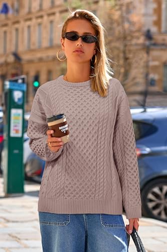 Arach&Cloz Womens Oversized Cute Sweater 2026 Spring Winter Clothing Fashion Plus Size Tops Cable Knit Crewneck Wool Long Sleeve Clothes Trendy Fisherman Pullover Light Nutmeg S - image 2