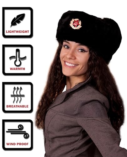 ARZER Mega_JumbleSale® Mens Black Russian Trapper Winter Warm Hat Cap with Soviet Badge Unisex Faux Fur Ushanka Flaps Hat, Russian Trapper Hat Black, One size