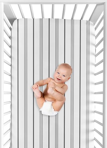 Image of Sweet Jojo Designs Fitted Baby Crib Sheets (Grey and White Striped) for Boys or Girls, Infant Nursery, Toddler Room - Standard Size (Gender Neutral, Classic Stripes, Modern, Geometric, Unisex, Gray)
