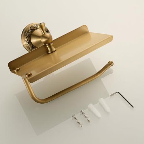 Image of Wall Mounted Bathroom Toilet Paper Holder with Storage,Roll Tissue Holder Antique Brass Pattern Carving,Brushed Bronze
