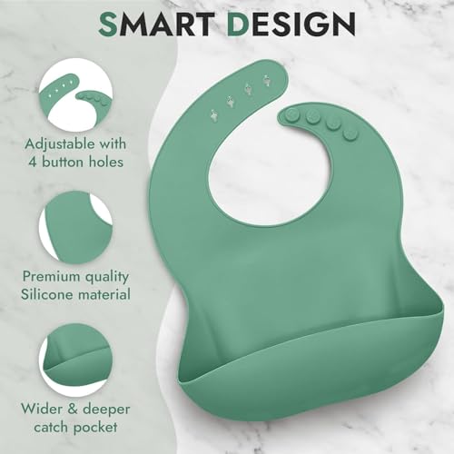 Image of Silicone Baby Feeding Set 6 Pieces with Suction Plate, Bowl, Adjustable Bib, Straw Cup, Spoon & Fork, BPA Free Baby Led Weaning Essentials - Green