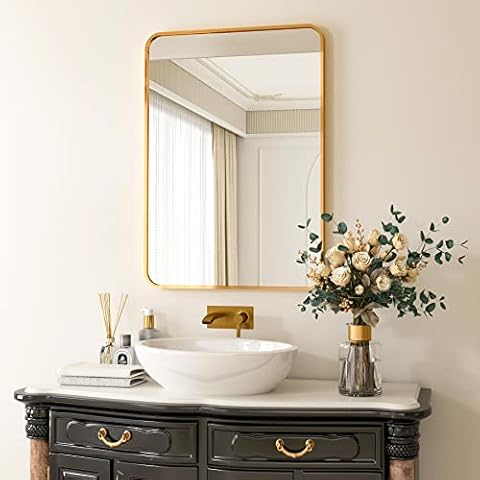 HARRITPURE Rounded Bathroom Mirror 20“ x 28” Rectangular Wall Mirror Aluminum Alloy Frame Contemporary Hanging Mirror for Living Room Bedroom Bathroom Entryway, Gold Cover