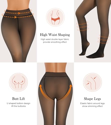 Image of Fleece Lined Tights Sheer Women Fake Translucent Warm Pantyhose Sheer Leggings Thermal Thick Tights for Winter