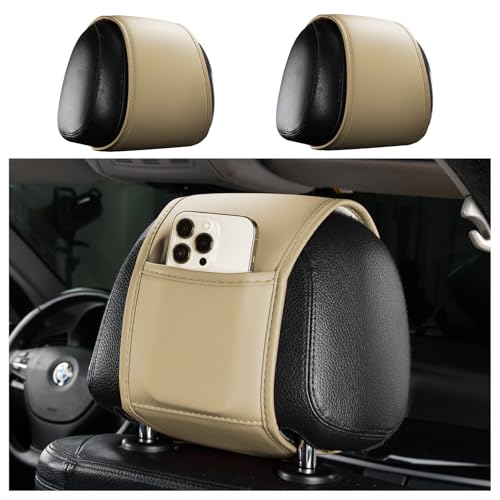 2PCS Leather Headrest Covers for Cars with Pocket of Back Seat Car Organizer,Multi-Functional Car Headrest Cover for Phone,Key,Coin in Car Storage,Universal Head Rest Cover Car Decoration (Beige)