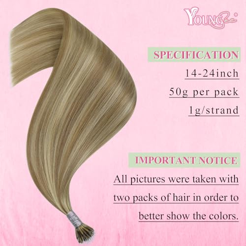YoungSee Nano Hair Extensions Real Human Hair 24inch Nano Beads Hair Extensions Highlight Light Brown and Platinum Blonde Nano Ring Extensions for Salon Lightweight 50s Cold Fusion 50g Long Straight - Image 4
