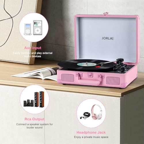 Image of Portable Record Player with Bluetooth 3 Speed Turntable Built in Rechargeable Battery Vintage Suitcase Design with RCA Line Out and Aux in