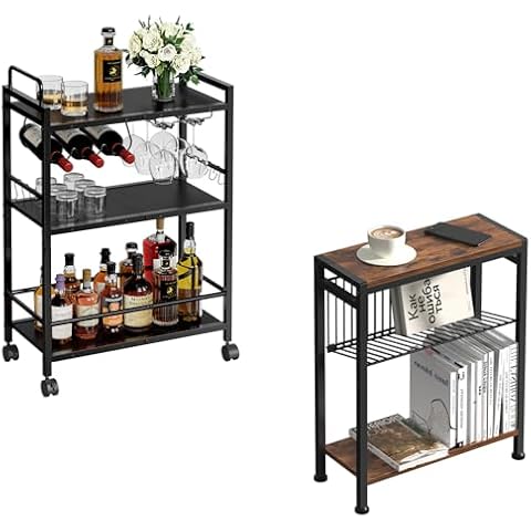 Lifenite Home Bar Serving Cart, Serving Cart with Wheels and Handle, 3 Tier Rolling Kitchen Cart,Side Table for Small Spaces, Narrow End Table with Magazine Holder Cover