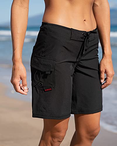 Maui Rippers Women's 4-Way Stretch 9" Swim Shorts Boardshorts (14, Black) #TOP2