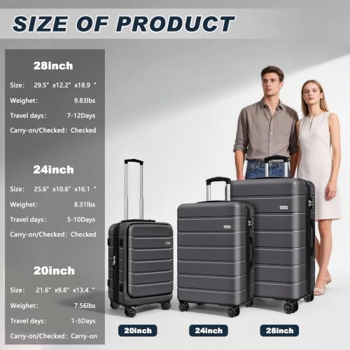 Image of KEYTANG SmileLine 3-Piece Luggage Set Lightweight Hardside Suitcase TSA Lock Spinner Wheels, 20 inch Expandable Carry-On Luggage with Quick Access Front Open Pocket, Bonus Makeup Bag,Gray