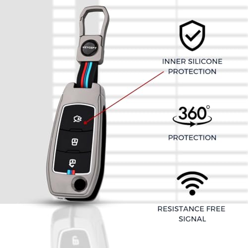 Image of KEYCEPT Metal Key Cover Compatible for Ford Figo, Aspire, Endeavour Flip Key 3 Button Flip Key with Keychain (Short Keychain).