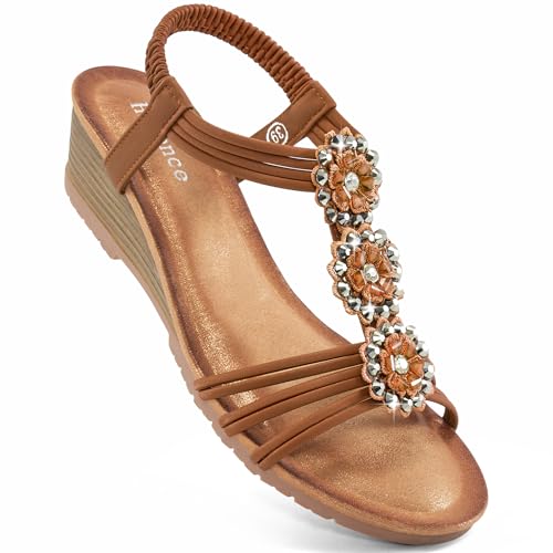 Image of HARENCE Wedge Sandals for Women Dressy: Comfortable Elastic Ankle Strap Low Heel Open Toe Flower Summer Shoes
