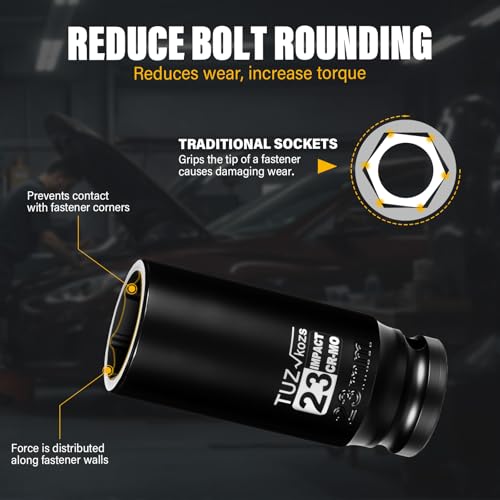 Image of 1 /2 Inch Drive 23mm Deep Metric Impact Socket,CR-MO,6 Point Radius Corner Design,Square Chamfered Opening,Axle Nut Impact Grade Socket for Easy Removal