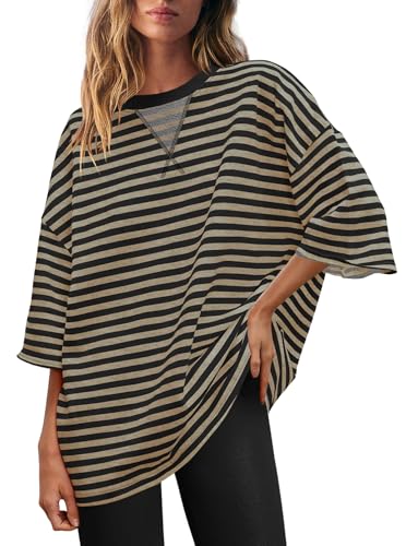 Panadila Womens Striped Short Sleeve Tunic Tops Oversized Crewneck T Shirt Casual Loose Fit Color Block Sweatshirt